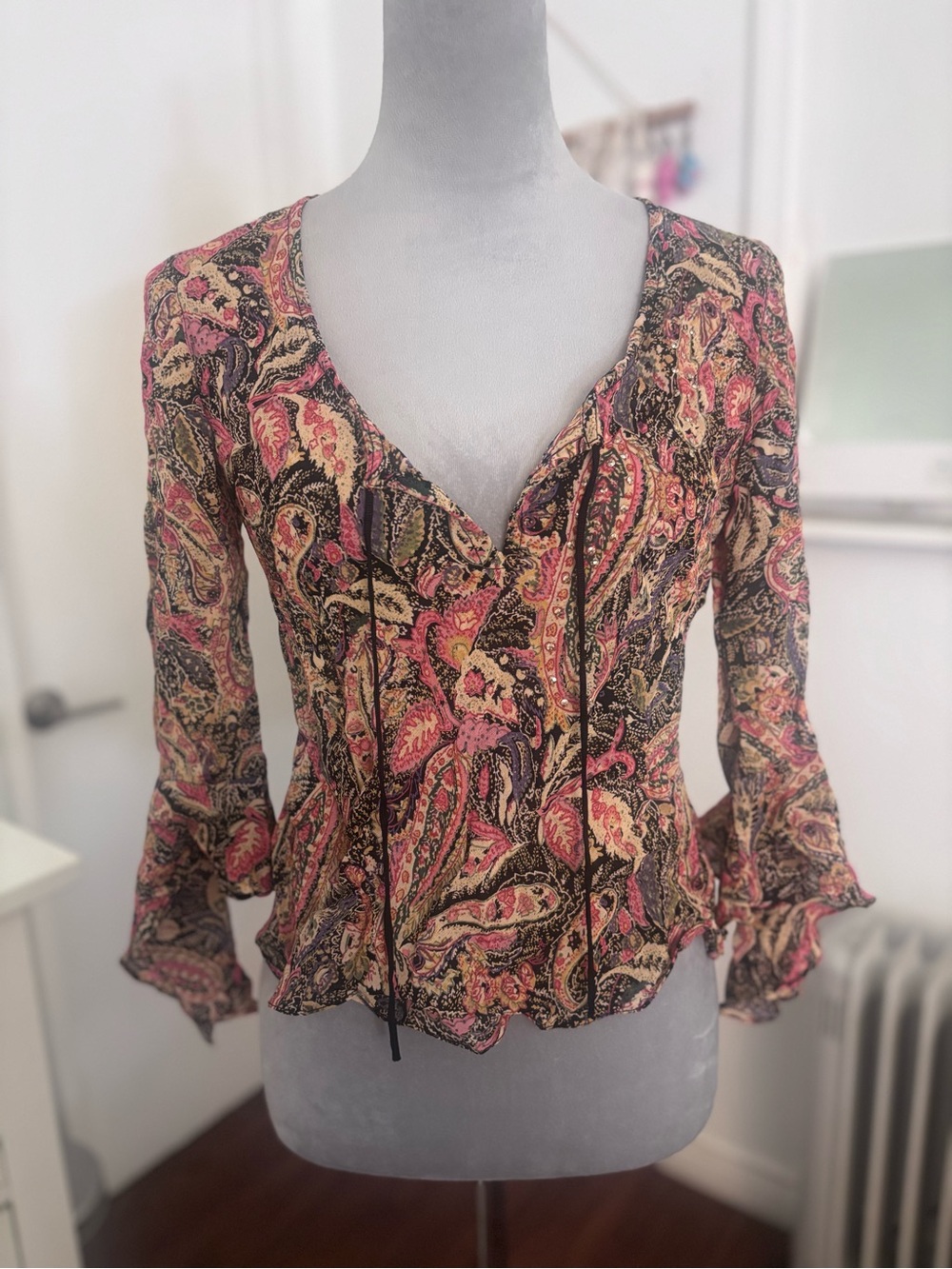 Paisley Tie-Front Women's Blouse in Pink & Black
